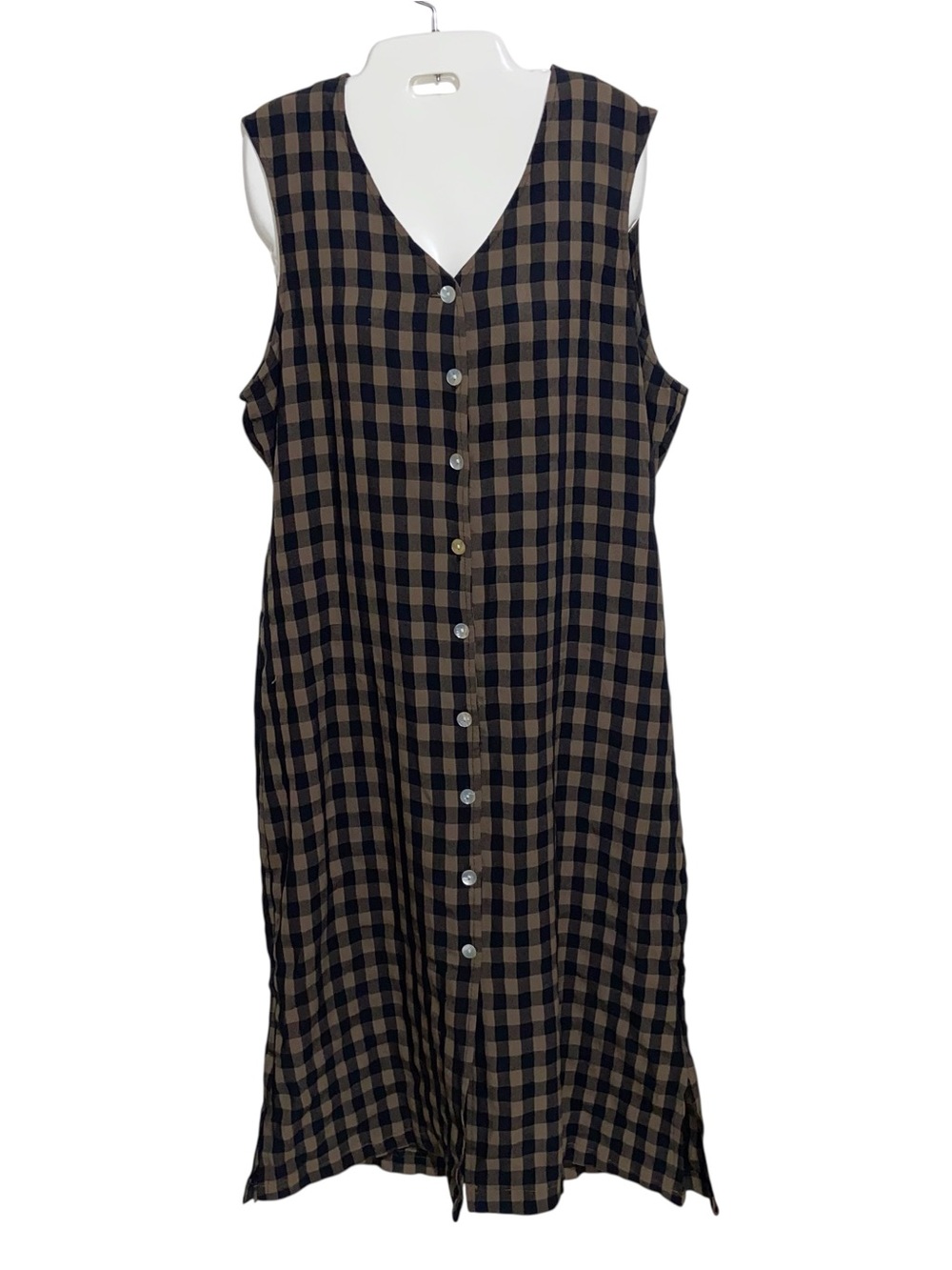 Vintage Jumper Dress Womens Size 12 Black Brown Gingham Button Cottagecore Boho